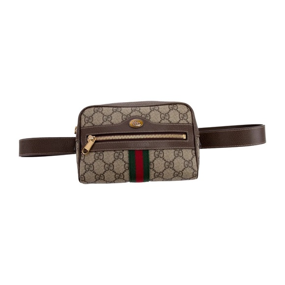 Gucci GG Supreme Belt Bag Small - Beige and Brown Belt Bag with Green-Red Stripe - Picture 1 of 9
